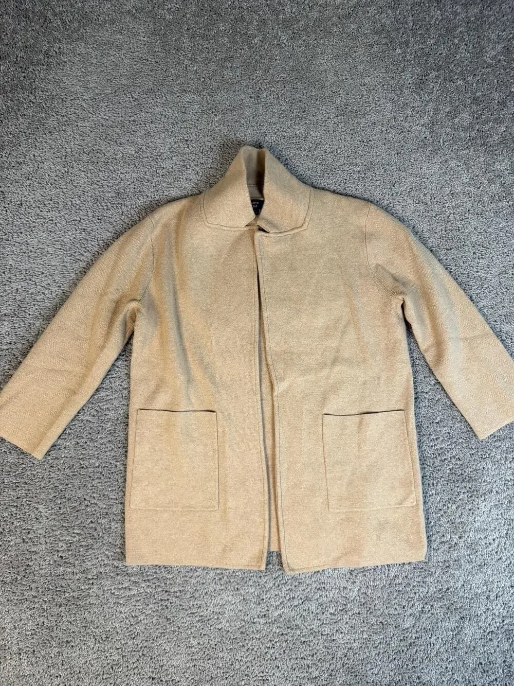 J.CREW Sweater Full Zip Womens S Beige Mock Neck 3/4 Sleeve Pockets Cotton-Poly